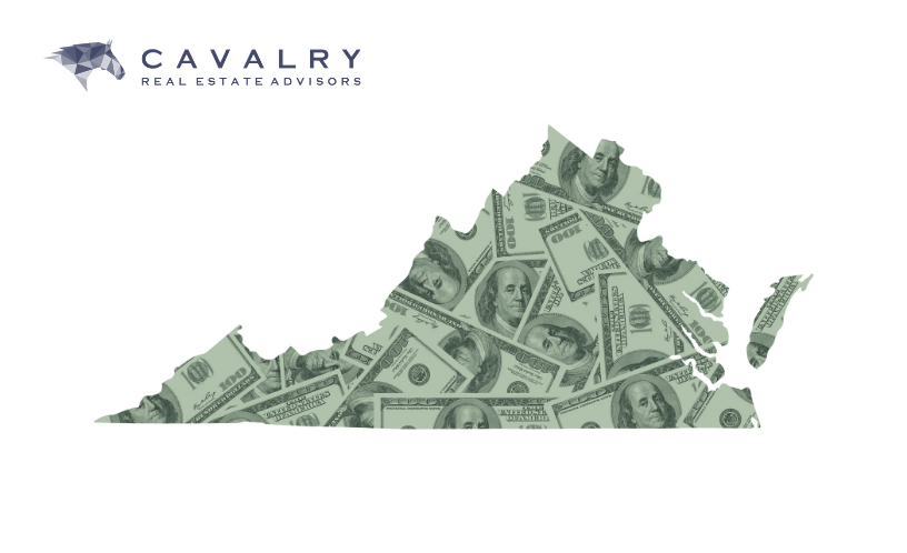 Virginia silhouette filled with $100 bills and Cavalry Real Estate Advisors logo