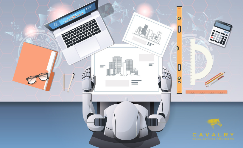 A robot at a desk looking at building plans and a computer.