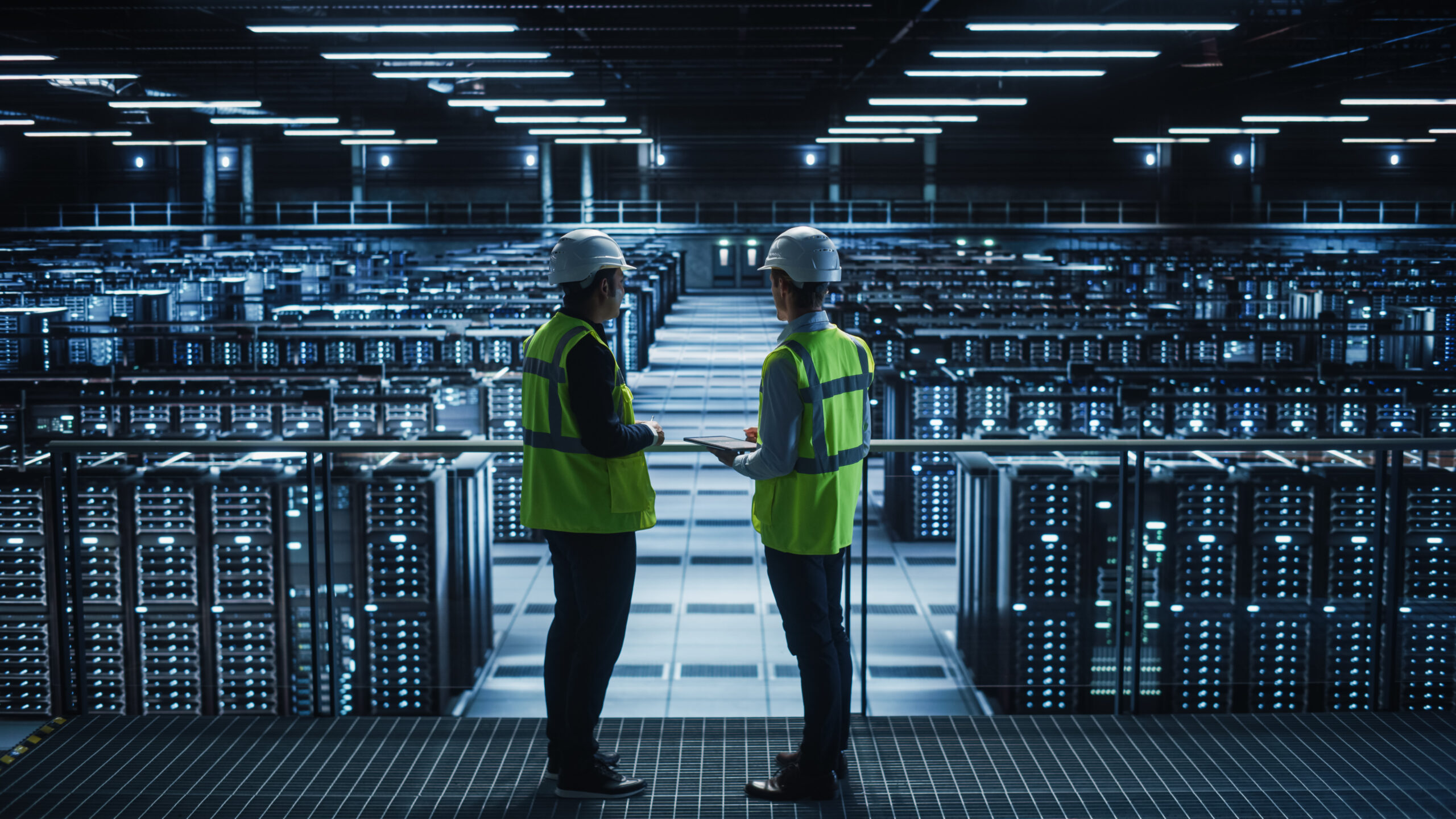 Data center engineers overlooking a bank of servers.