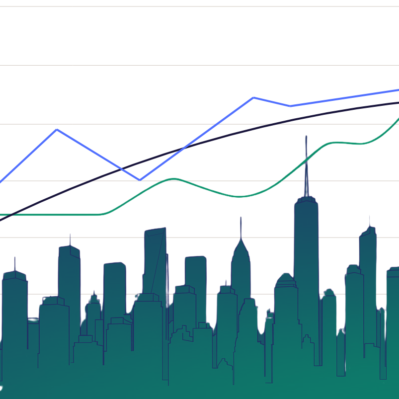 City skyline with line graph in the sky.